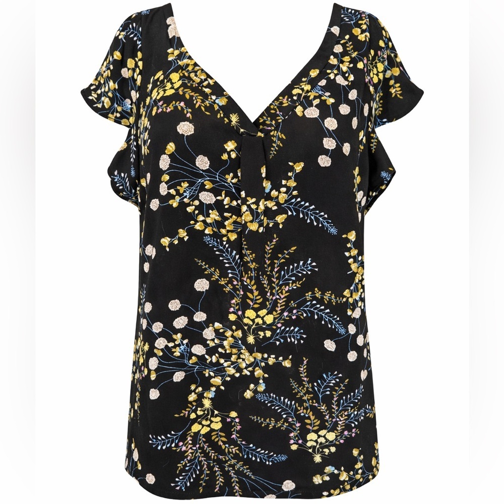 Philosophy Black Floral Blouse Boho Flutter Sleeve V-Neck Top Size M